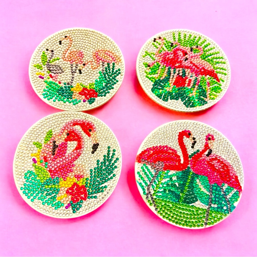 Flamingo Coaster Set of 4 with Holder Diamond Art Painted & Sealed Hand Crafted - Picture 3 of 4